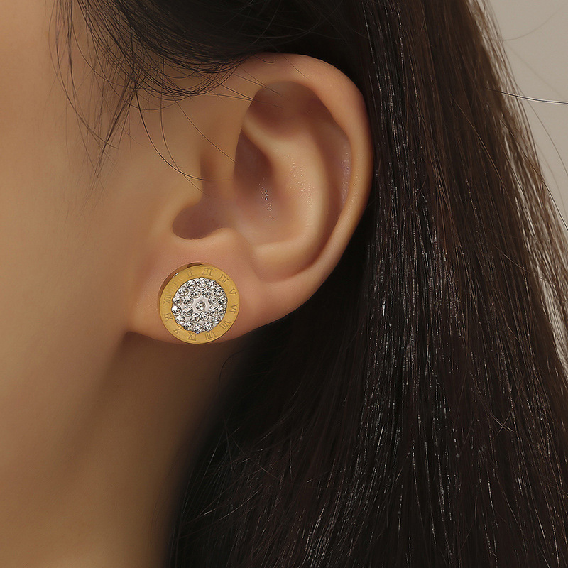 1 Pair Elegant Lady Round Inlay Stainless Steel Rhinestones 18K Gold Plated Ear Studs display picture 3