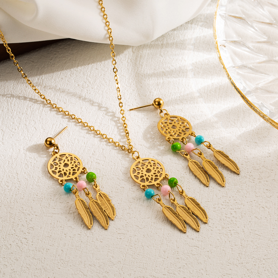 Wholesale Elegant Dreamcatcher Stainless Steel Hollow Out 18k Gold Plated Earrings Necklace display picture 3
