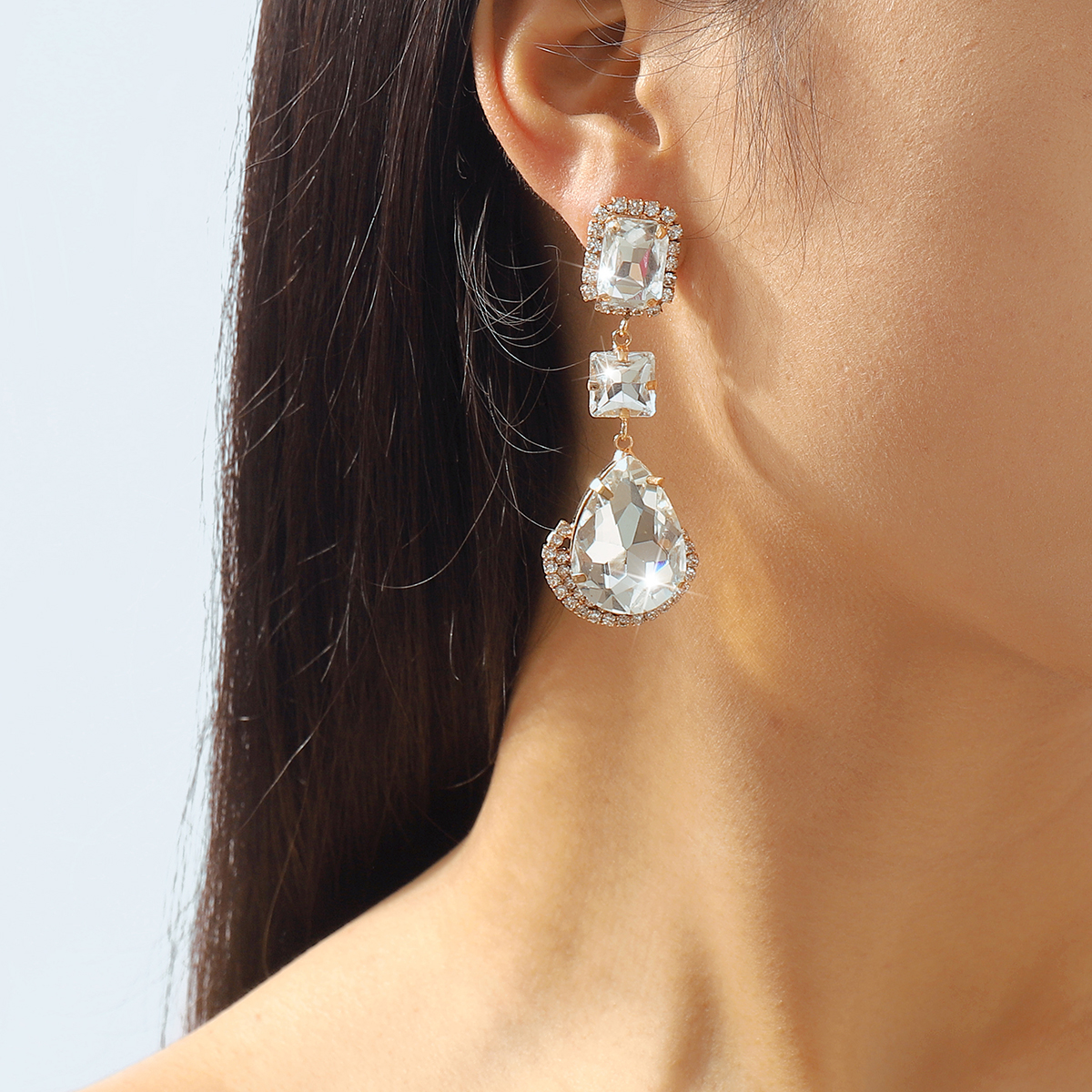 1 Pair Elegant Luxurious Square Water Droplets Inlay Alloy Rhinestones Drop Earrings display picture 3