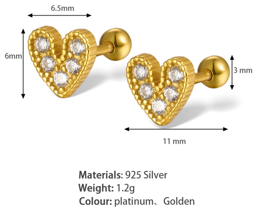 1 Pair Lady Simple Style Heart Shape Plating Inlay Sterling Silver Zircon 18k Gold Plated White Gold Plated Ear Studs display picture 6