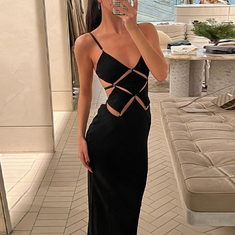 Women's Sheath Dress Elegant Sexy V Neck Hollow Out Backless Sleeveless Solid Color Maxi Long Dress Banquet display picture 3
