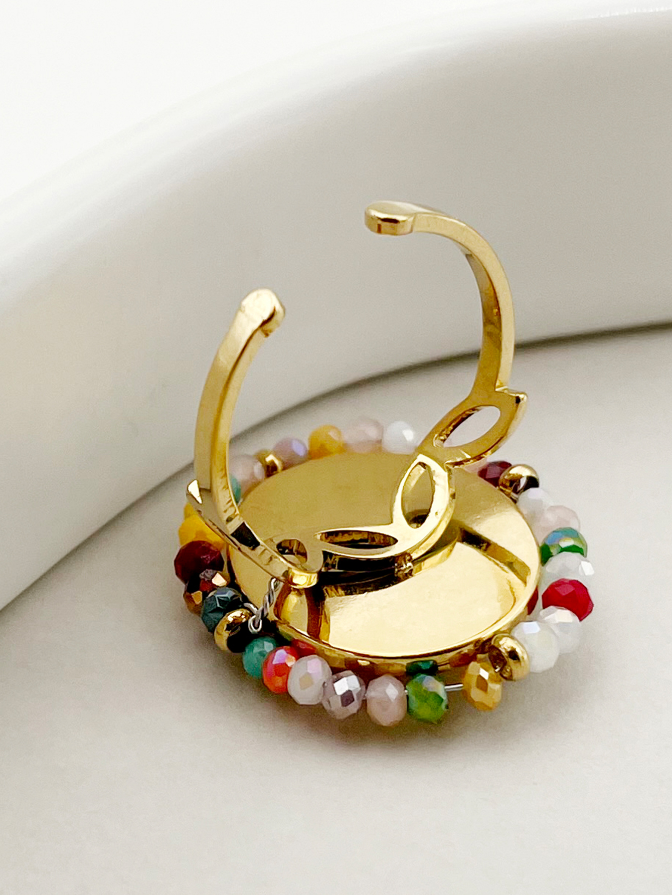 304 Stainless Steel Beaded 14K Gold Plated Vacation Plating Colorful Oval Natural Stone Crystal Beads Open Ring display picture 1
