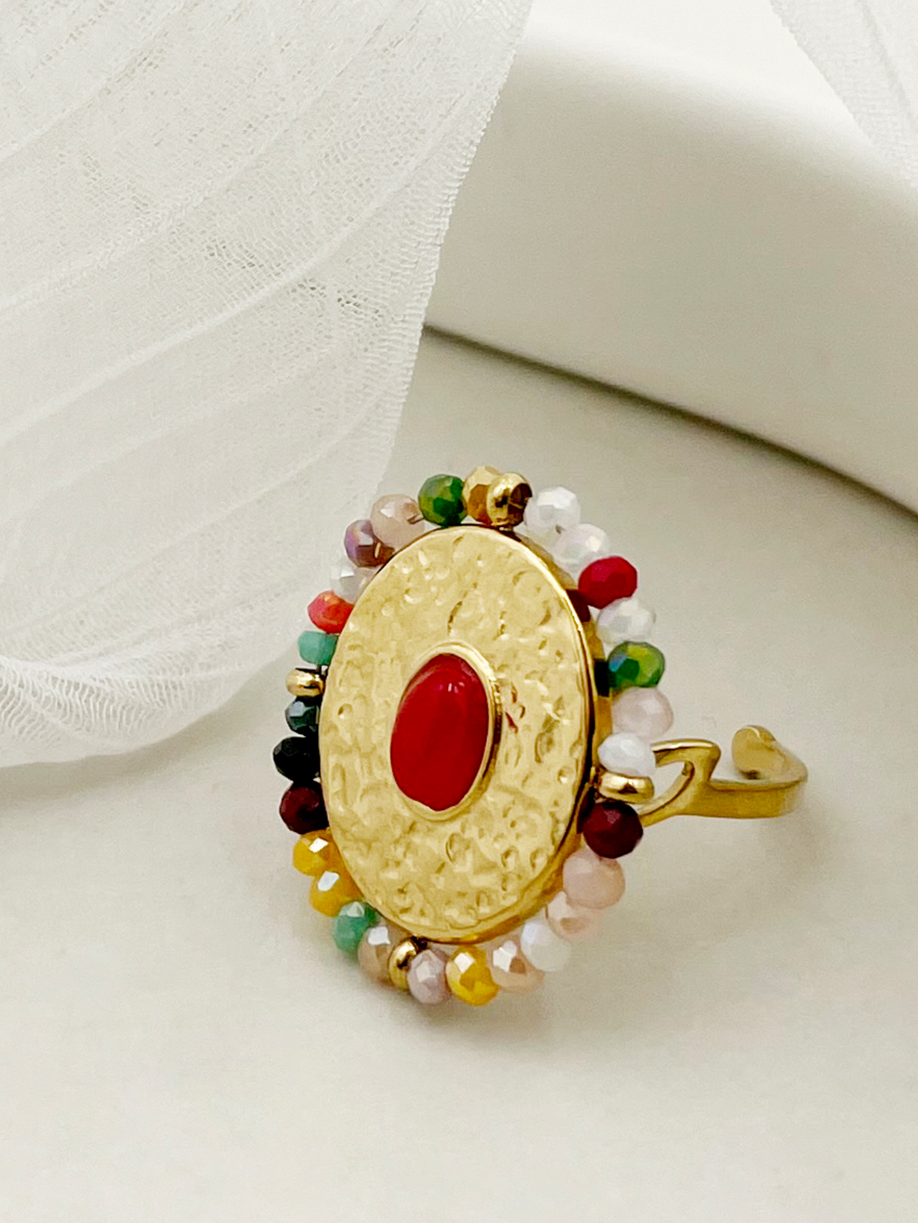 304 Stainless Steel Beaded 14K Gold Plated Vacation Plating Colorful Oval Natural Stone Crystal Beads Open Ring display picture 2