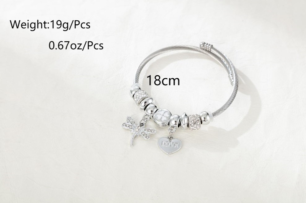 Elegant Sweet Four Leaf Clover Heart Shape Dragonfly Stainless Steel White Gold Plated Zircon Bangle In Bulk display picture 5