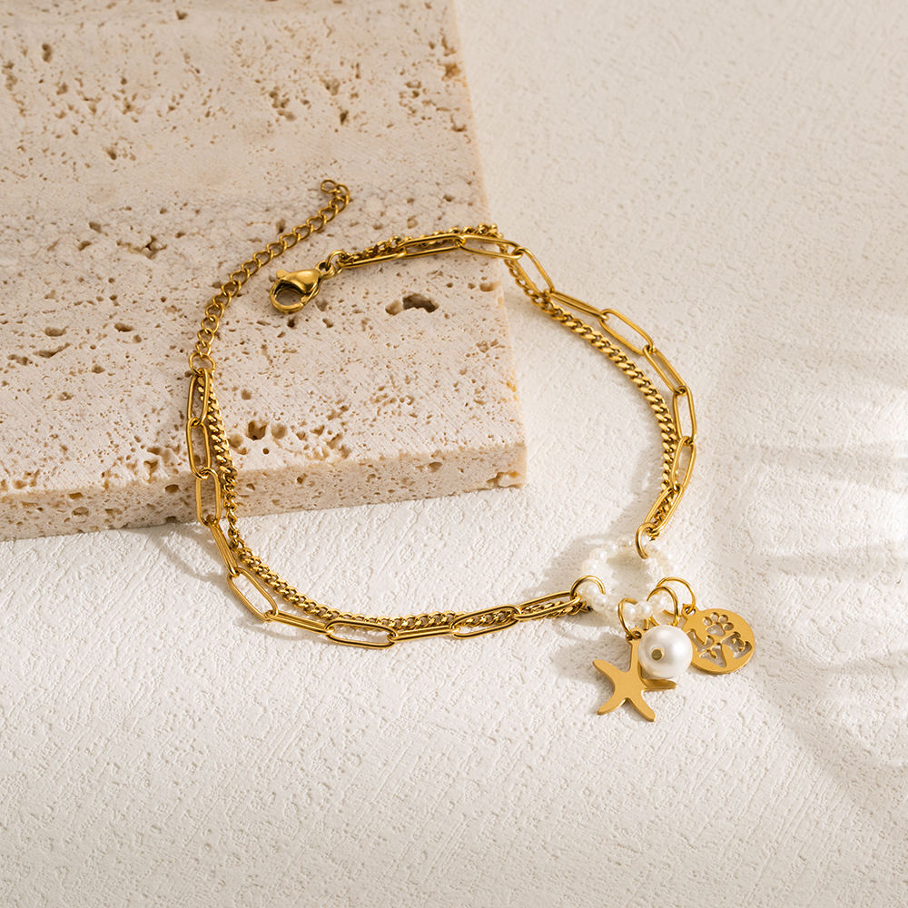 Casual Modern Style Tree Starfish Anchor Stainless Steel Imitation Pearl Layered Gold Plated Bracelets display picture 2