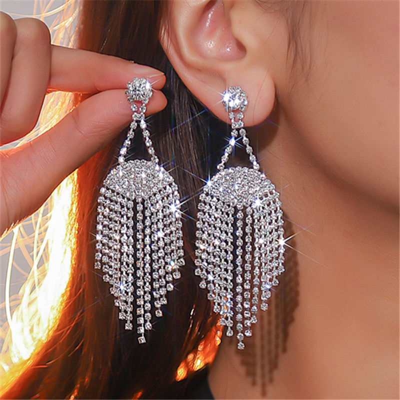 1 Paire Glamour Brillant Gland Incruster Strass Strass Plaqué Argent Boucles D'oreilles display picture 1