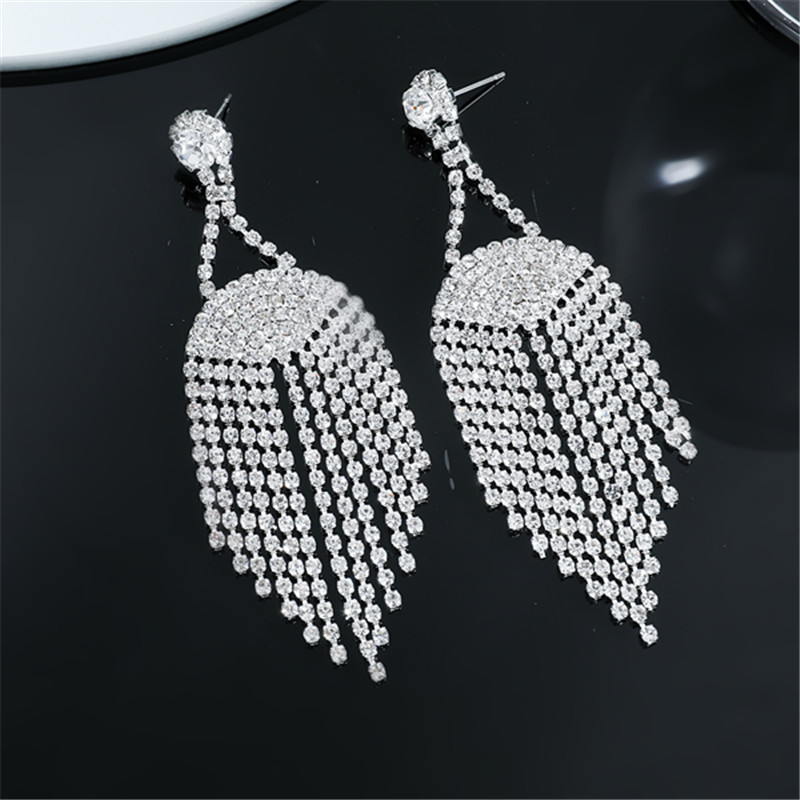 1 Pair Glam Shiny Tassel Inlay Rhinestone Rhinestones Silver Plated Drop Earrings display picture 2