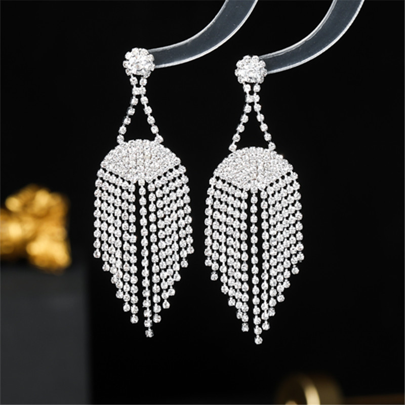 1 Pair Glam Shiny Tassel Inlay Rhinestone Rhinestones Silver Plated Drop Earrings display picture 4