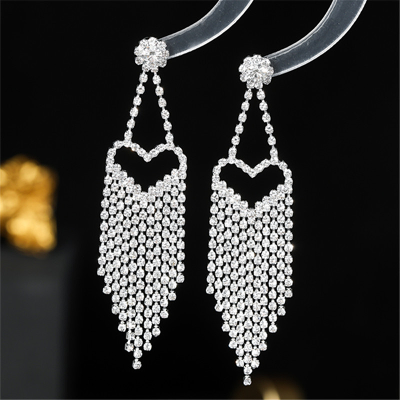 Glam Shiny Tassel Heart Shape Rhinestone Hollow Out Inlay Rhinestones Silver Plated Women's Drop Earrings display picture 2