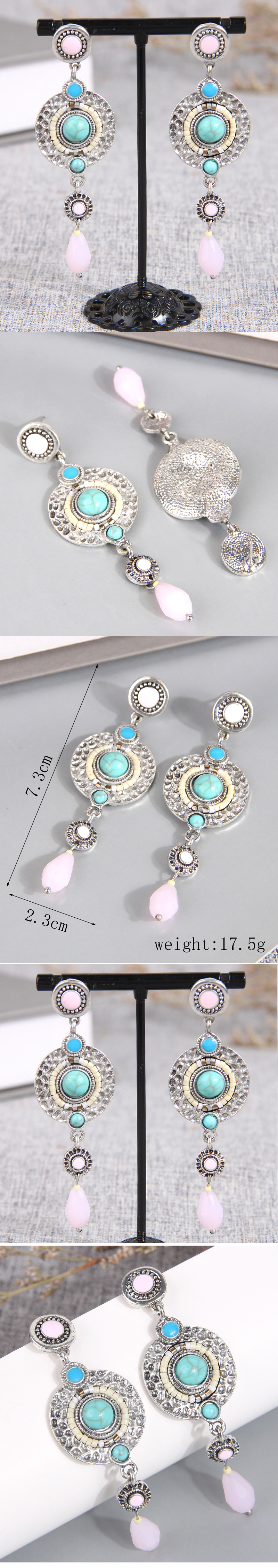 Retro Ethnic Style Round Alloy Inlay Turquoise Women's Drop Earrings display picture 1