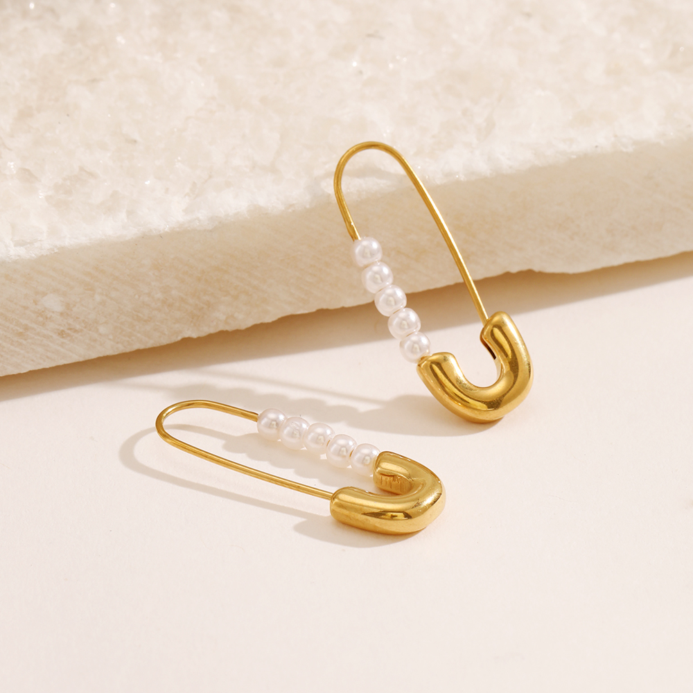 1 Pair Simple Style Paper Clip Pearl Plating 304 Stainless Steel Earrings display picture 2