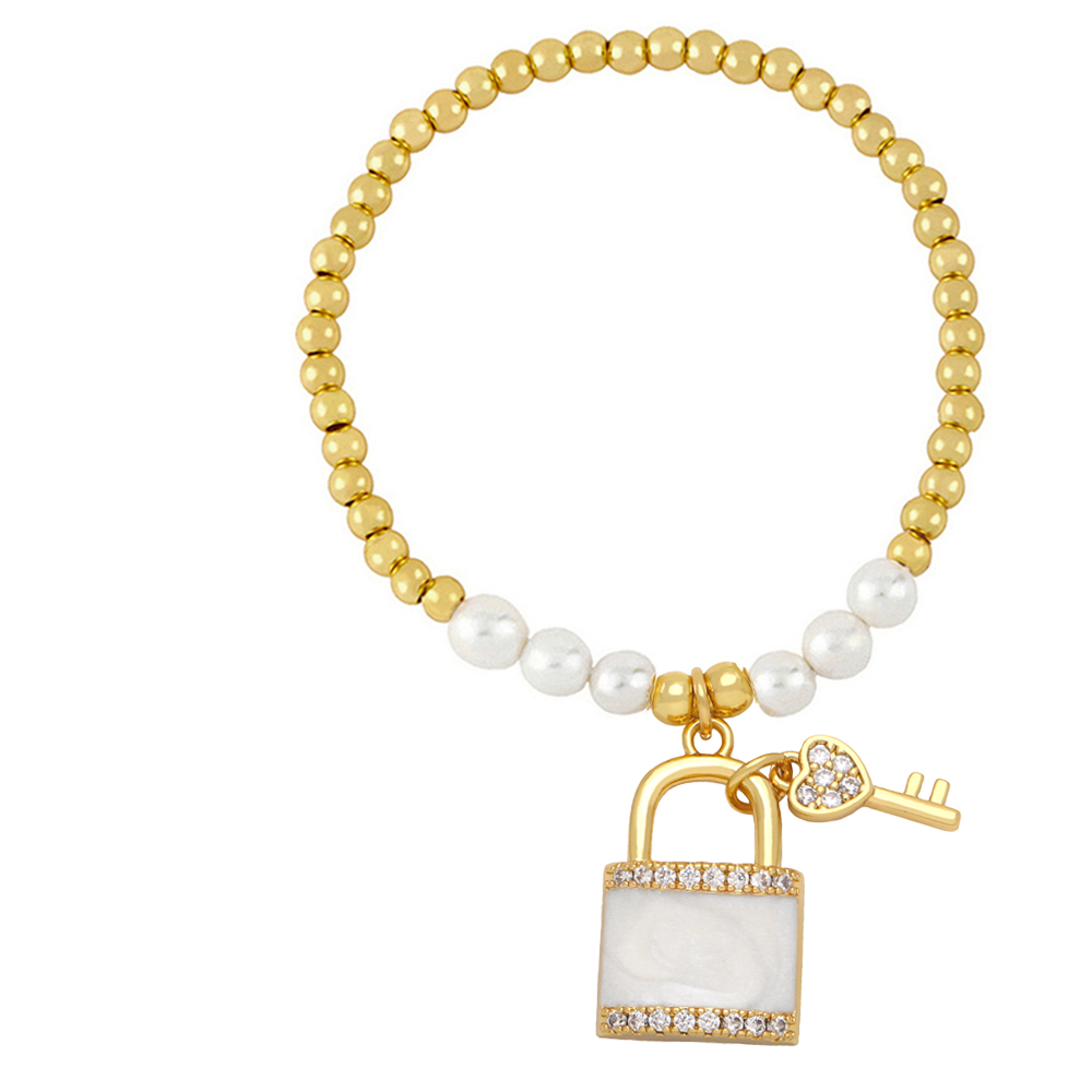 Classic Style Korean Style Key Lock Imitation Pearl Copper Enamel Plating Inlay Zircon Bracelets display picture 4
