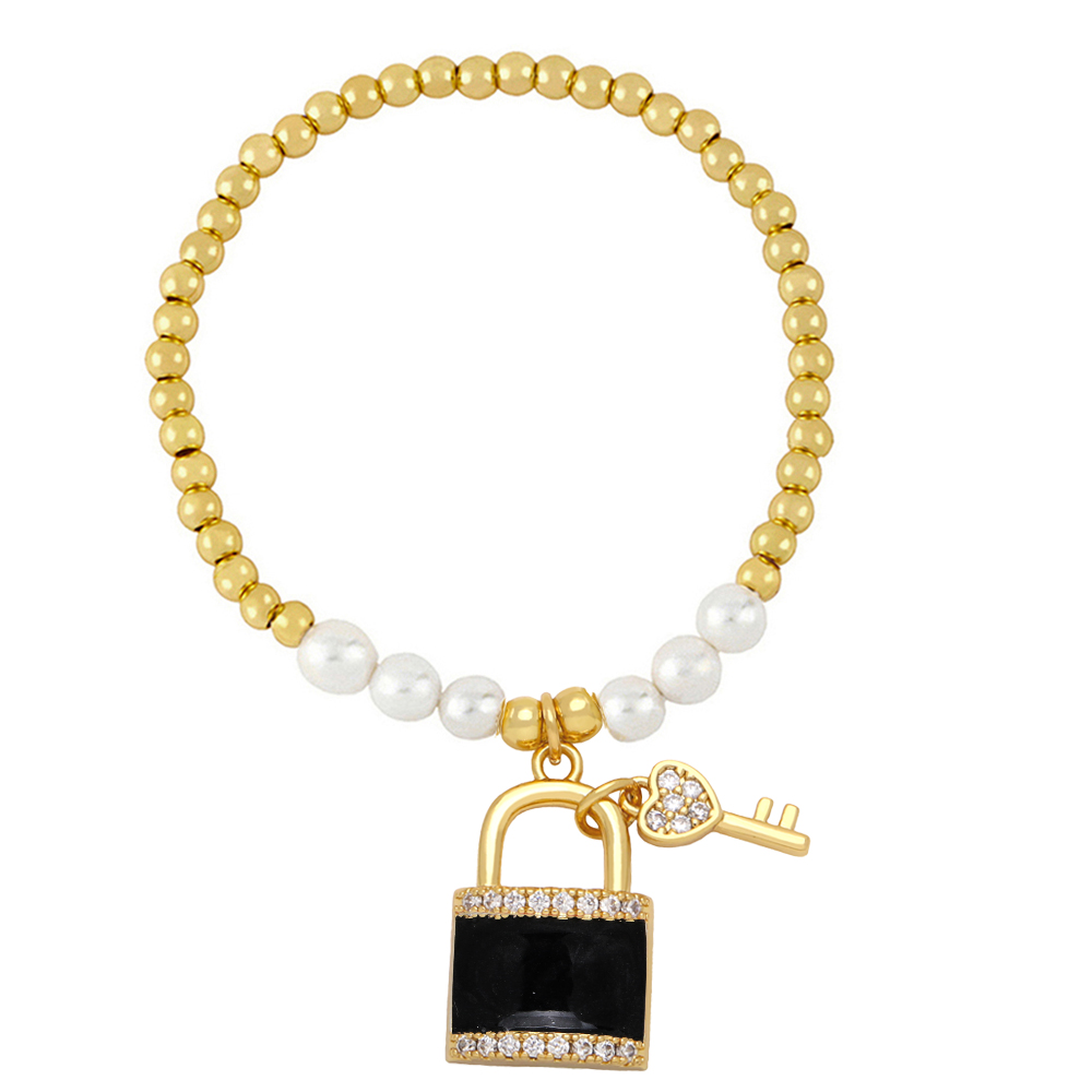 Classic Style Korean Style Key Lock Imitation Pearl Copper Enamel Plating Inlay Zircon Bracelets display picture 5