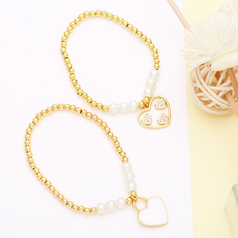 Fashion Simple Style Heart Shape Imitation Pearl Copper Charm Plating Inlay Shell Zircon Bracelets display picture 6