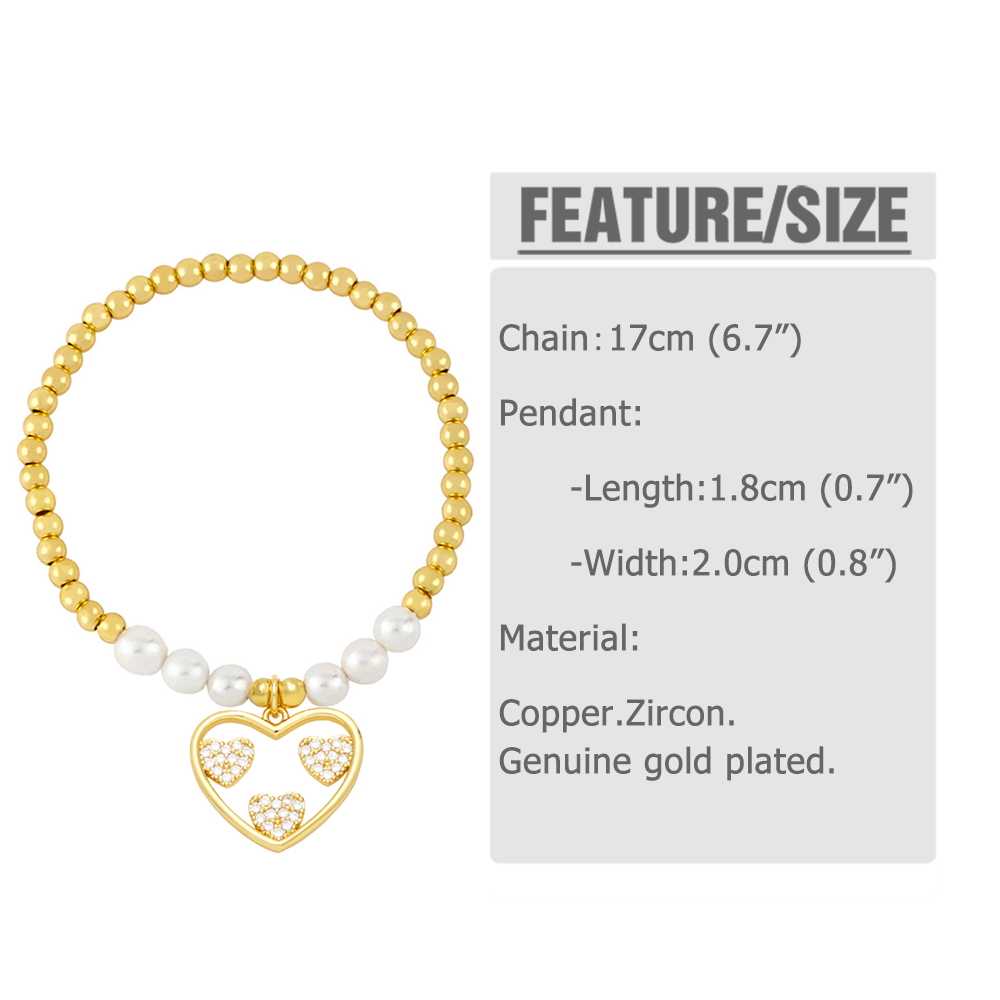 Fashion Simple Style Heart Shape Imitation Pearl Copper Charm Plating Inlay Shell Zircon Bracelets display picture 1