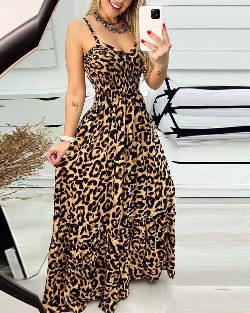 Women's Sheath Dress Strap Dress Regular Dress Casual Simple Style Classic Style V Neck Deep V Plunging Neck Elastic Waist Sleeveless Leopard Maxi Long Dress Outdoor Travel Daily display picture 1