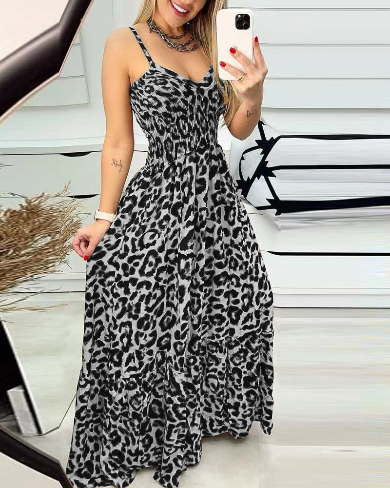 Women's Sheath Dress Strap Dress Regular Dress Casual Simple Style Classic Style V Neck Deep V Plunging Neck Elastic Waist Sleeveless Leopard Maxi Long Dress Outdoor Travel Daily display picture 2