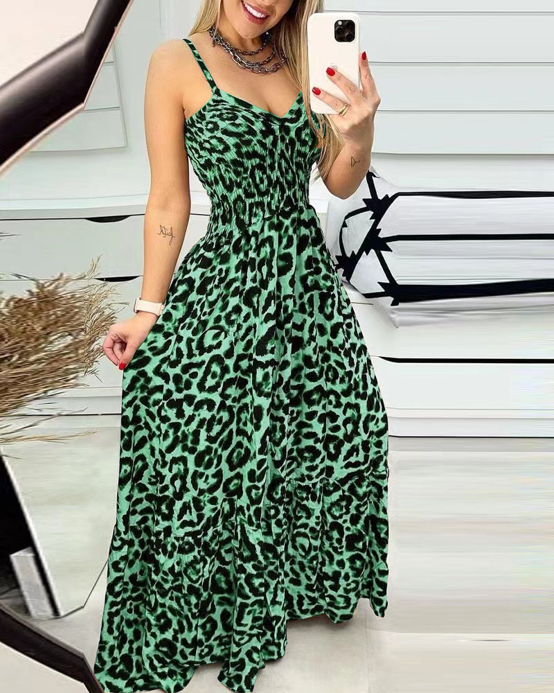 Women's Sheath Dress Strap Dress Regular Dress Casual Simple Style Classic Style V Neck Deep V Plunging Neck Elastic Waist Sleeveless Leopard Maxi Long Dress Outdoor Travel Daily display picture 3