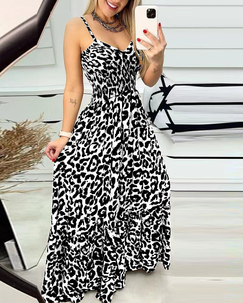 Women's Sheath Dress Strap Dress Regular Dress Casual Simple Style Classic Style V Neck Deep V Plunging Neck Elastic Waist Sleeveless Leopard Maxi Long Dress Outdoor Travel Daily display picture 6