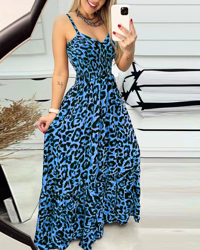Women's Sheath Dress Strap Dress Regular Dress Casual Simple Style Classic Style V Neck Deep V Plunging Neck Elastic Waist Sleeveless Leopard Maxi Long Dress Outdoor Travel Daily display picture 4