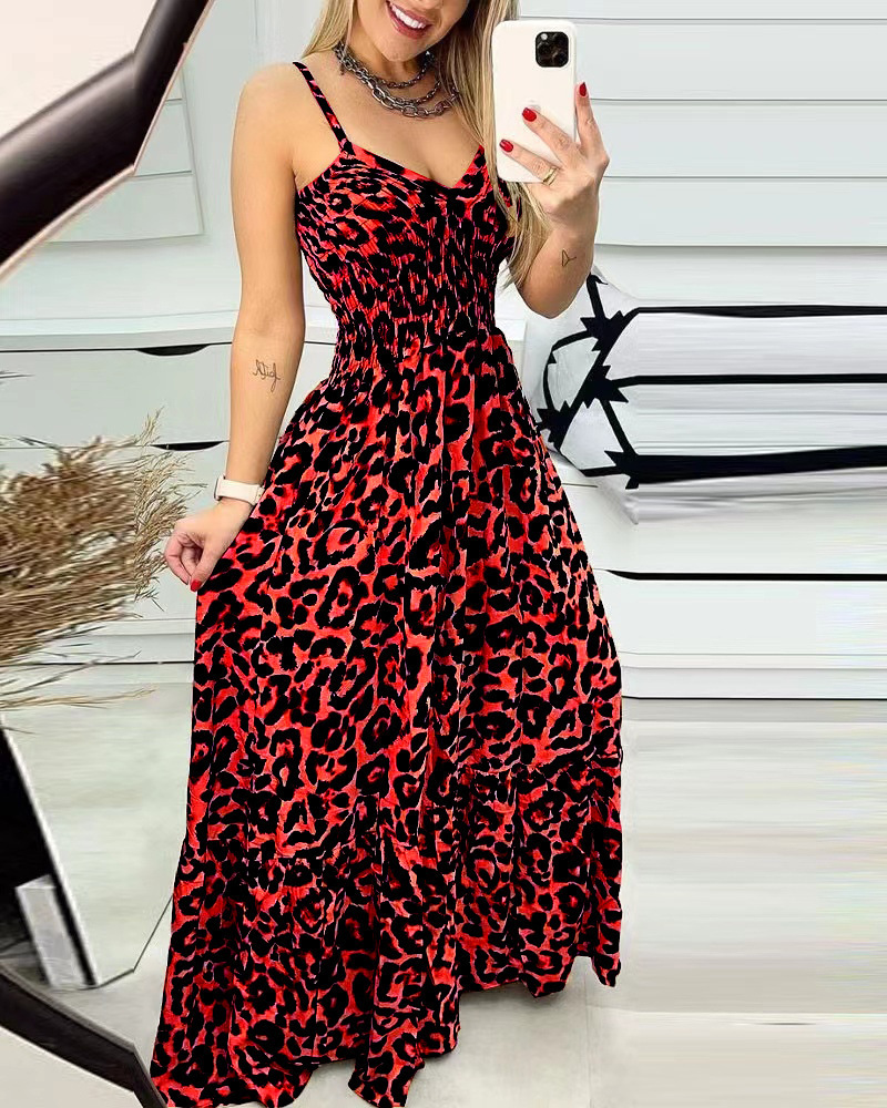 Women's Sheath Dress Strap Dress Regular Dress Casual Simple Style Classic Style V Neck Deep V Plunging Neck Elastic Waist Sleeveless Leopard Maxi Long Dress Outdoor Travel Daily display picture 5