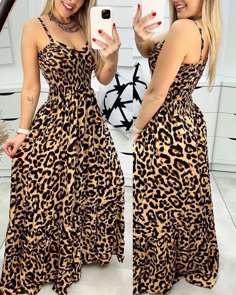 Women's Sheath Dress Strap Dress Regular Dress Casual Simple Style Classic Style V Neck Deep V Plunging Neck Elastic Waist Sleeveless Leopard Maxi Long Dress Outdoor Travel Daily display picture 7