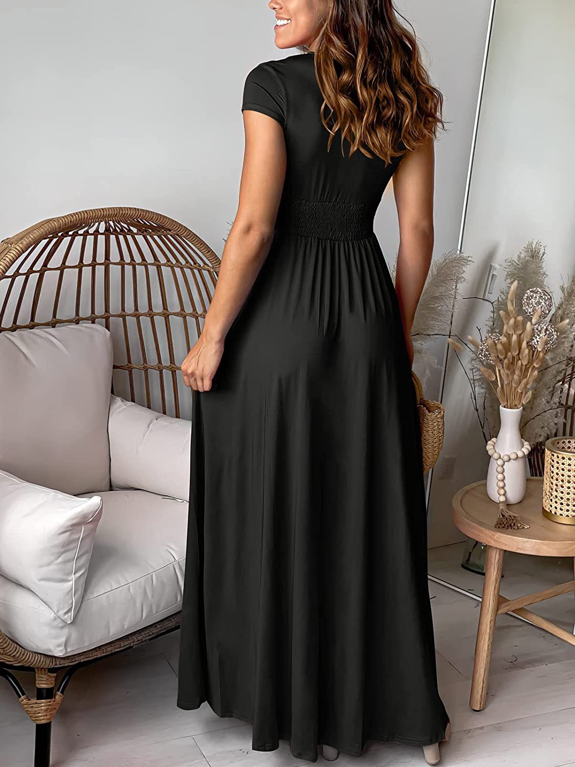 Women's A-line Skirt Sheath Dress Wedding Simple Style Classic Style V Neck Deep V Plunging Neck Thigh Slit Slit Ruched Short Sleeve Simple Solid Color Maxi Long Dress Banquet Daily Party display picture 10