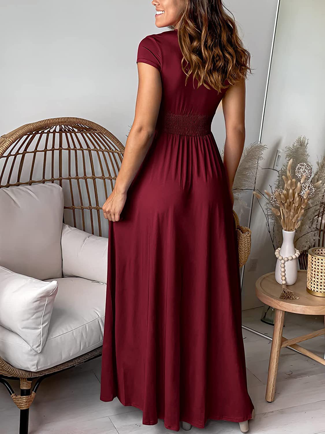 Women's A-line Skirt Sheath Dress Wedding Simple Style Classic Style V Neck Deep V Plunging Neck Thigh Slit Slit Ruched Short Sleeve Simple Solid Color Maxi Long Dress Banquet Daily Party display picture 11