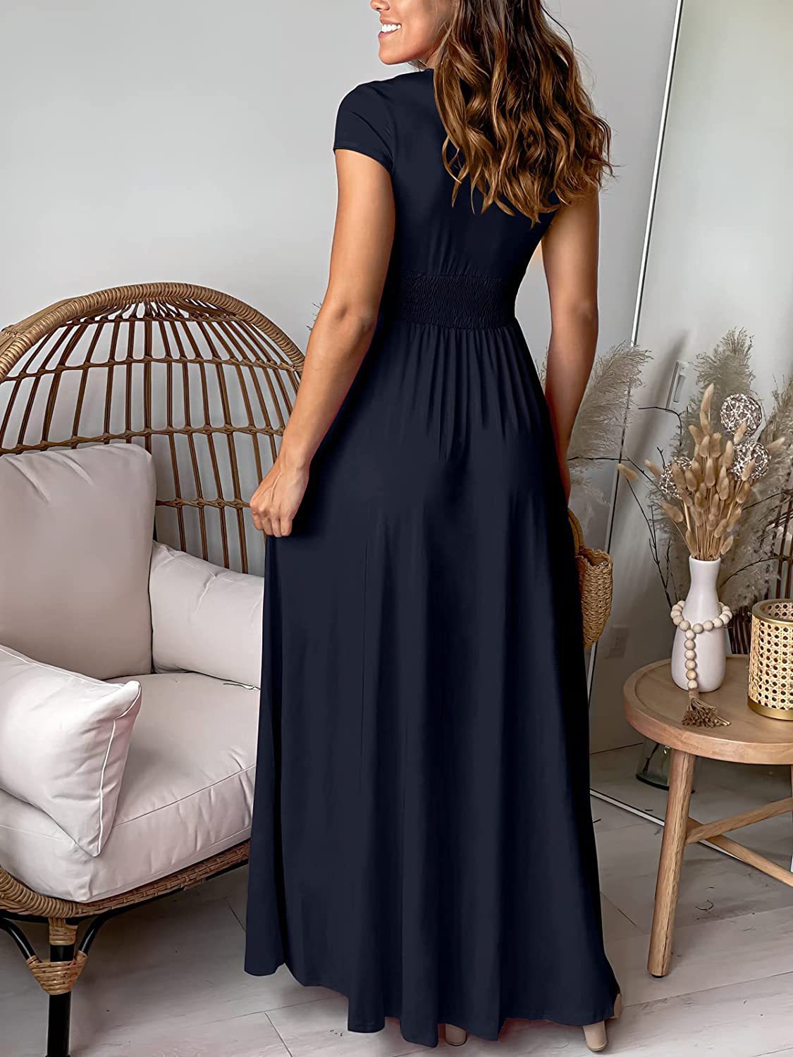 Women's A-line Skirt Sheath Dress Wedding Simple Style Classic Style V Neck Deep V Plunging Neck Thigh Slit Slit Ruched Short Sleeve Simple Solid Color Maxi Long Dress Banquet Daily Party display picture 17