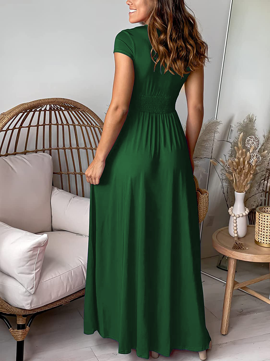 Women's A-line Skirt Sheath Dress Wedding Simple Style Classic Style V Neck Deep V Plunging Neck Thigh Slit Slit Ruched Short Sleeve Simple Solid Color Maxi Long Dress Banquet Daily Party display picture 13