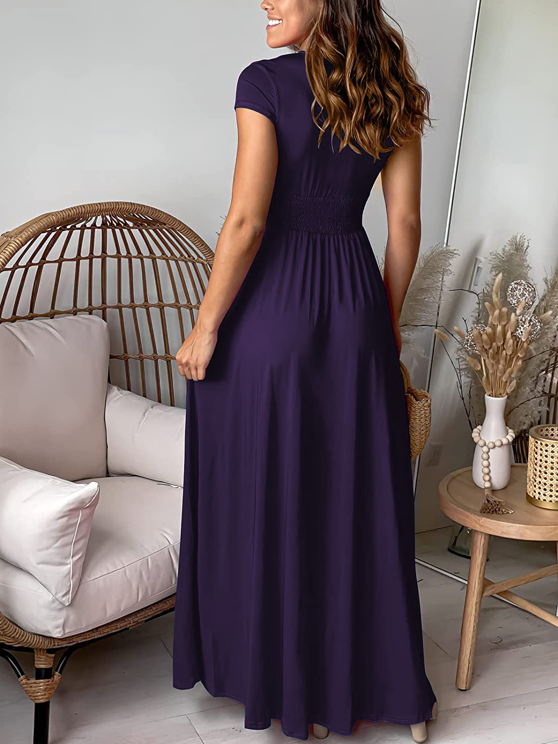 Women's A-line Skirt Sheath Dress Wedding Simple Style Classic Style V Neck Deep V Plunging Neck Thigh Slit Slit Ruched Short Sleeve Simple Solid Color Maxi Long Dress Banquet Daily Party display picture 19