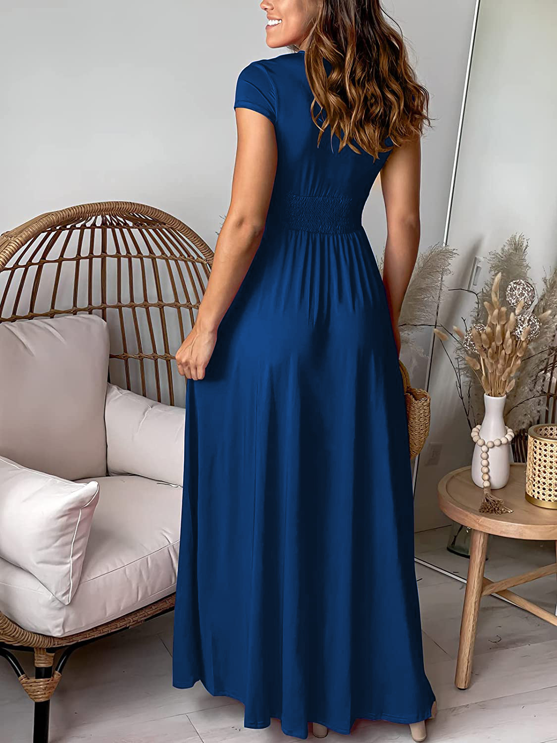 Women's A-line Skirt Sheath Dress Wedding Simple Style Classic Style V Neck Deep V Plunging Neck Thigh Slit Slit Ruched Short Sleeve Simple Solid Color Maxi Long Dress Banquet Daily Party display picture 25
