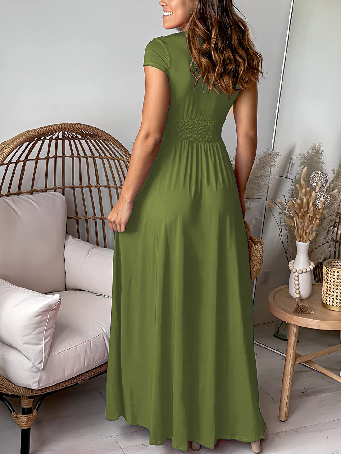 Women's A-line Skirt Sheath Dress Wedding Simple Style Classic Style V Neck Deep V Plunging Neck Thigh Slit Slit Ruched Short Sleeve Simple Solid Color Maxi Long Dress Banquet Daily Party display picture 23