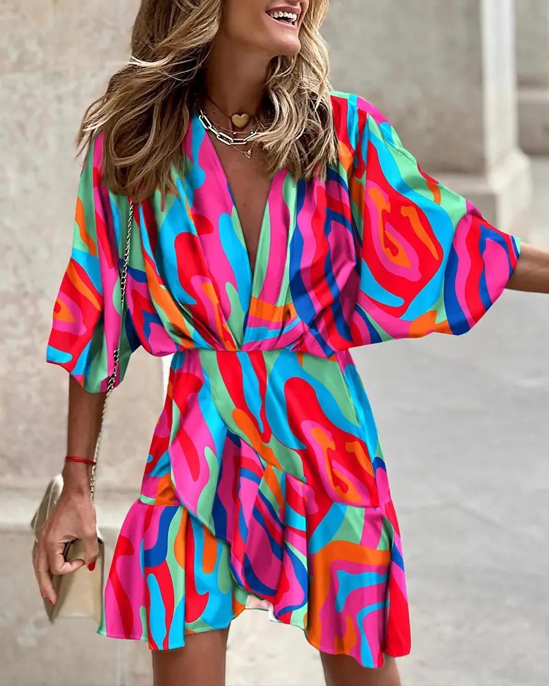 Women's Regular Dress Bat Dress Bodycon Dress Casual Simple Style Classic Style Deep V Plunging Neck Belt Half Sleeve Printing Multicolor Above Knee Holiday Outdoor Daily display picture 8