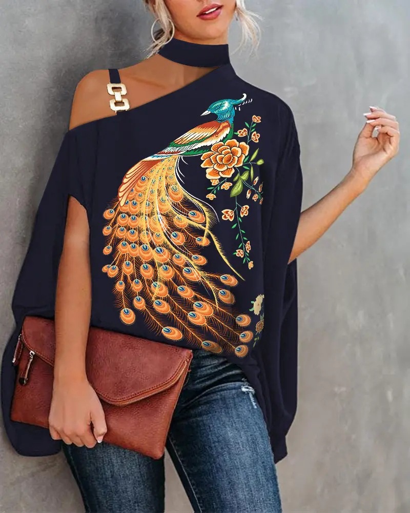 Women's Chiffon Shirt Long Sleeve Blouses Printing Draped Hollow Out Casual Animal Leaf Feather display picture 4