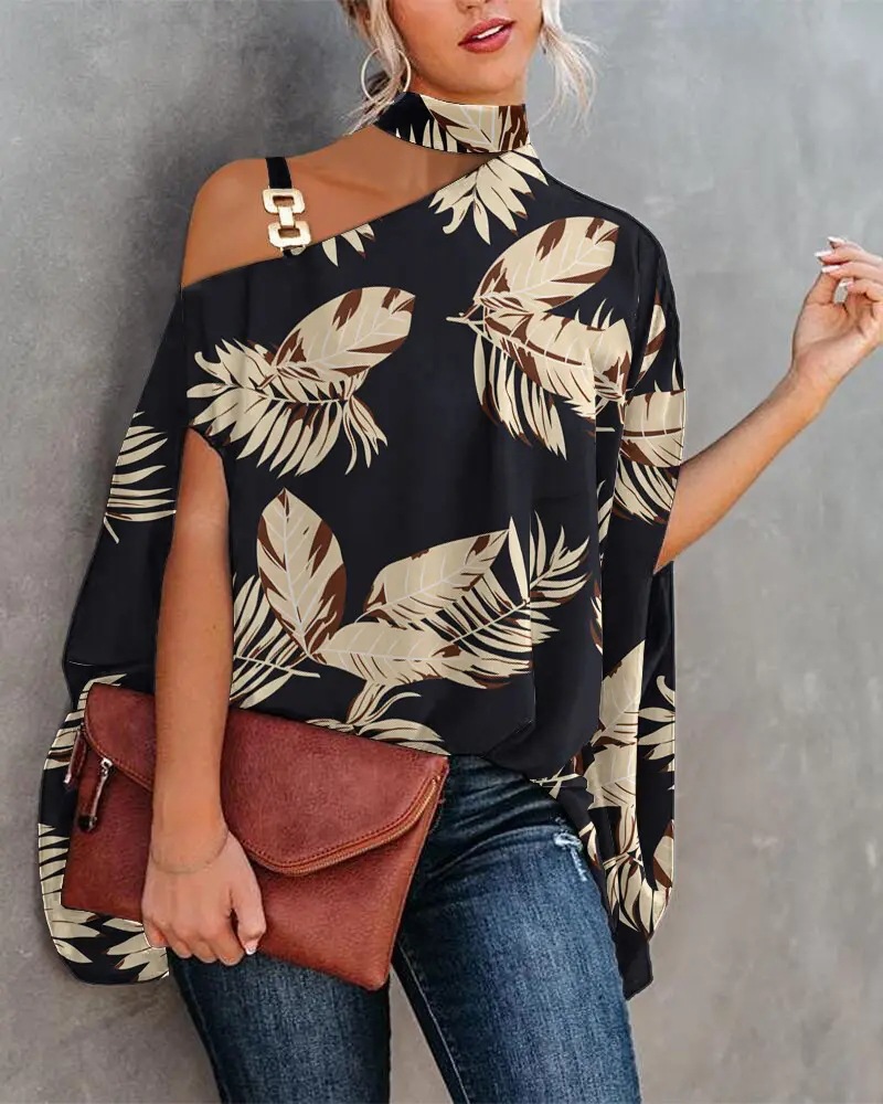 Women's Chiffon Shirt Long Sleeve Blouses Printing Draped Hollow Out Casual Animal Leaf Feather display picture 6