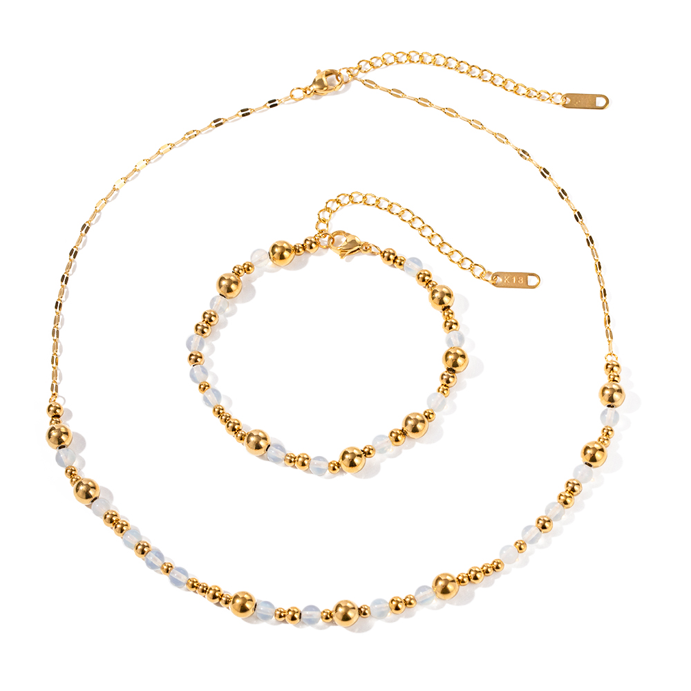 Ig Style Casual Round Stainless Steel Moonstone Beaded Plating 18k Gold Plated Bracelets Necklace display picture 1