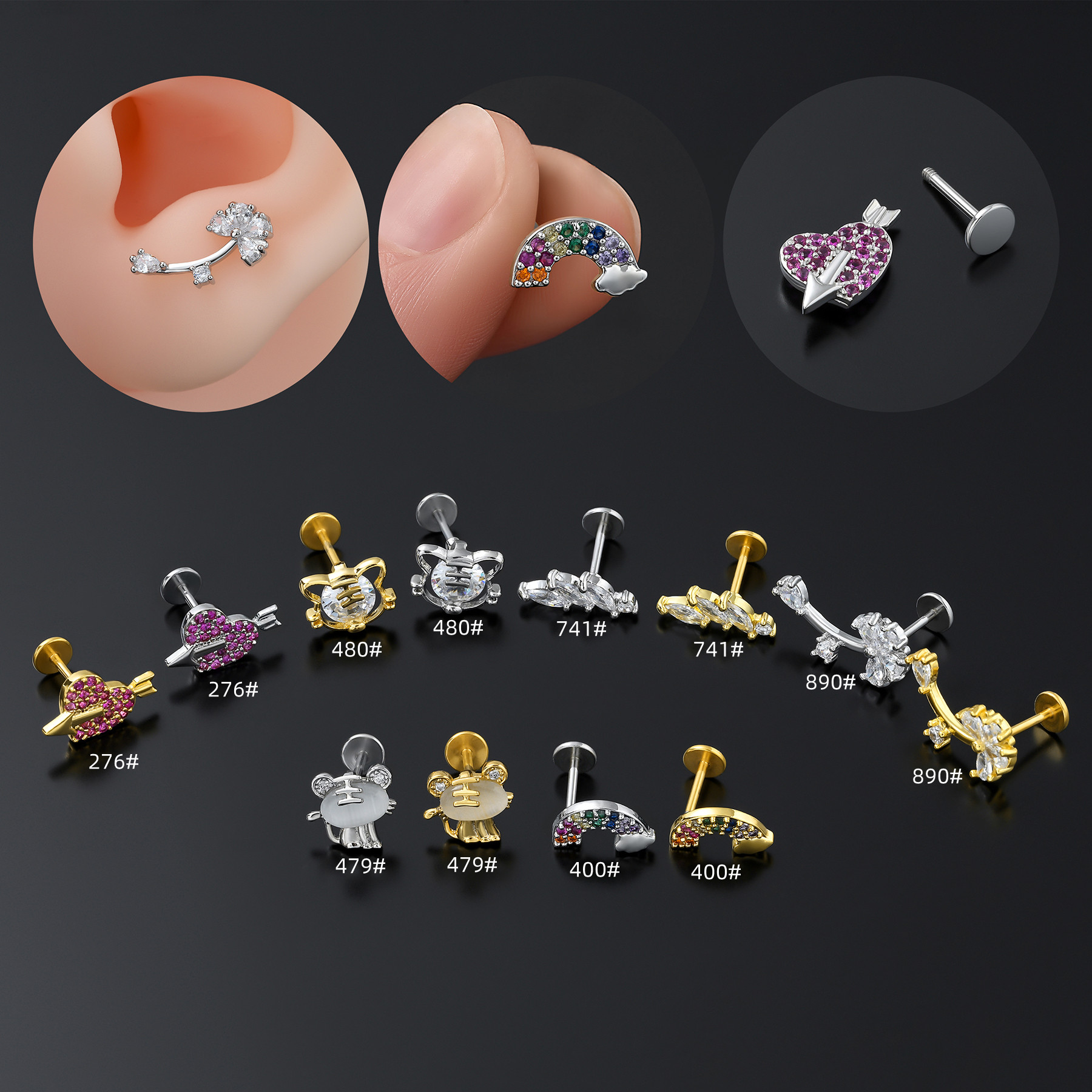 Sweet Rainbow Tiger Flower Brass Butterfly Zircon 18k Gold Plated Lip Stud display picture 1