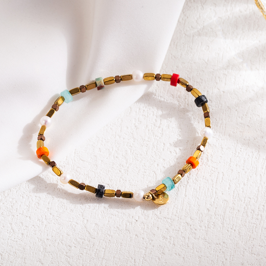 Modern Style Colorful Stainless Steel Natural Stone Freshwater Pearl Beaded 18k Gold Plated Bracelets display picture 2