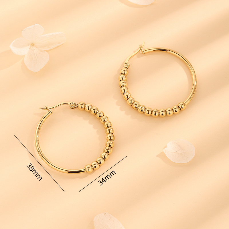 1 Pair Simple Style Round Beaded Polishing Titanium Steel 18k Gold Plated Hoop Earrings display picture 1