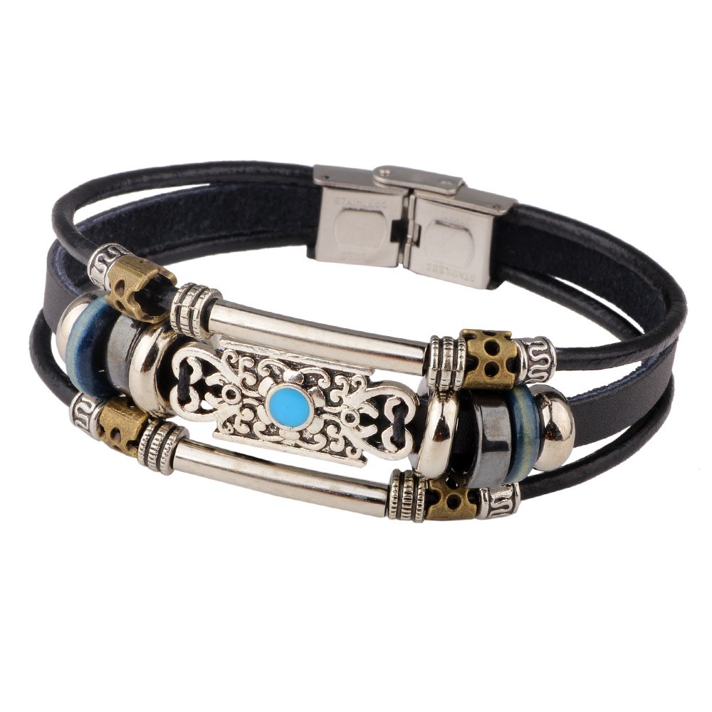 Hip-hop Vintage Style Cross Butterfly Alloy Leather Inlay Turquoise Unisex Bracelets display picture 2