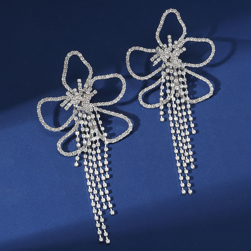 1 Pair Exaggerated Flower Tassel Inlay Alloy Artificial Rhinestones Drop Earrings display picture 2