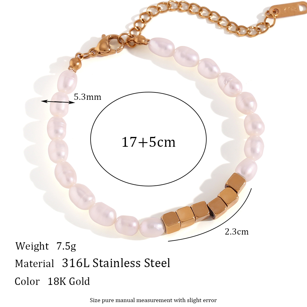 Klassischer Stil Quadrat Rostfreier Stahl Süßwasserperle Perlen 18 Karat Vergoldet Armbänder Halskette display picture 2