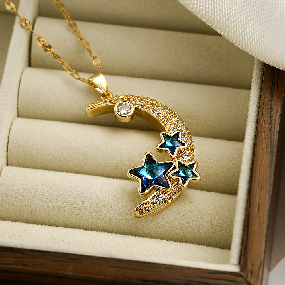 Einfacher Stil Stern Mond Kupfer 18 Karat Vergoldet Zirkon Halskette Mit Anhänger In Masse display picture 3