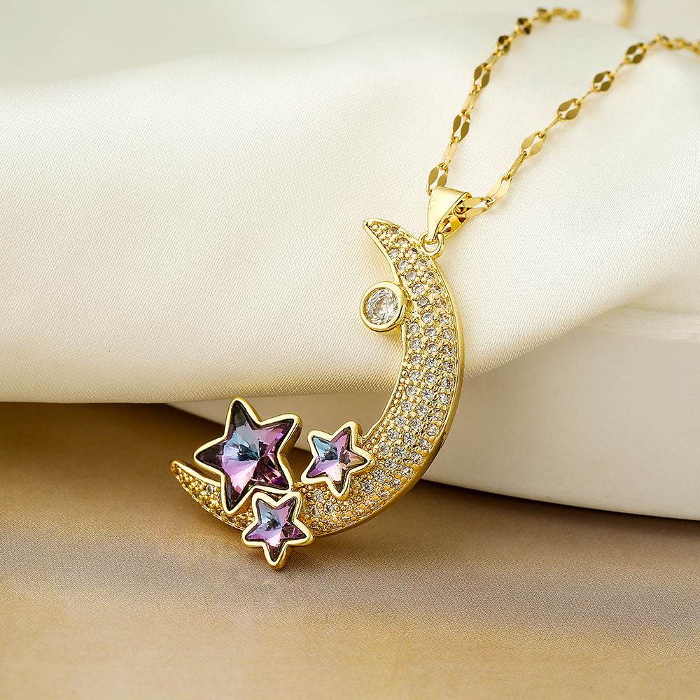 Simple Style Star Moon Copper 18k Gold Plated Zircon Pendant Necklace In Bulk display picture 5