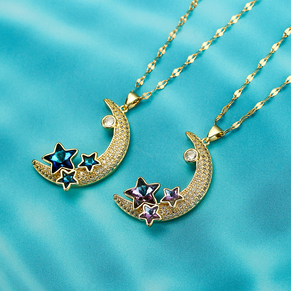 Einfacher Stil Stern Mond Kupfer 18 Karat Vergoldet Zirkon Halskette Mit Anhänger In Masse display picture 2