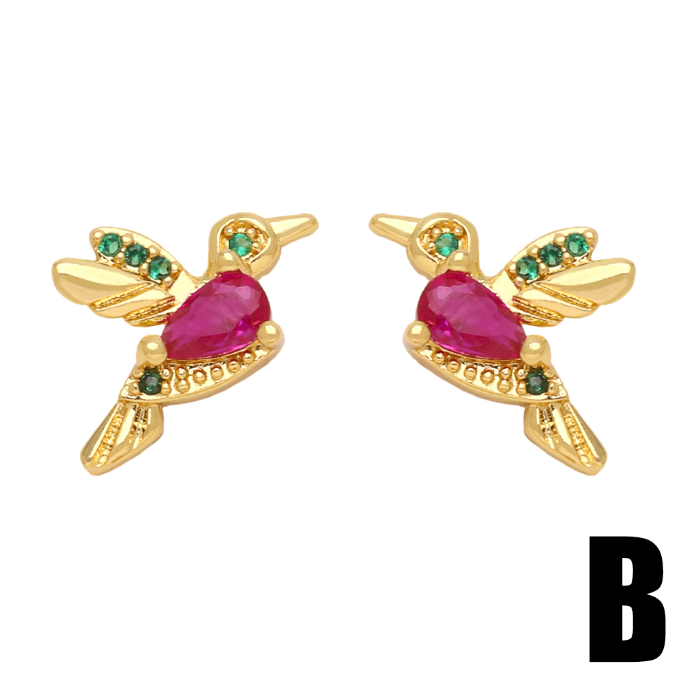 1 Pair Glam Heart Shape Bird Inlay Copper Color Zircon Ear Studs display picture 5