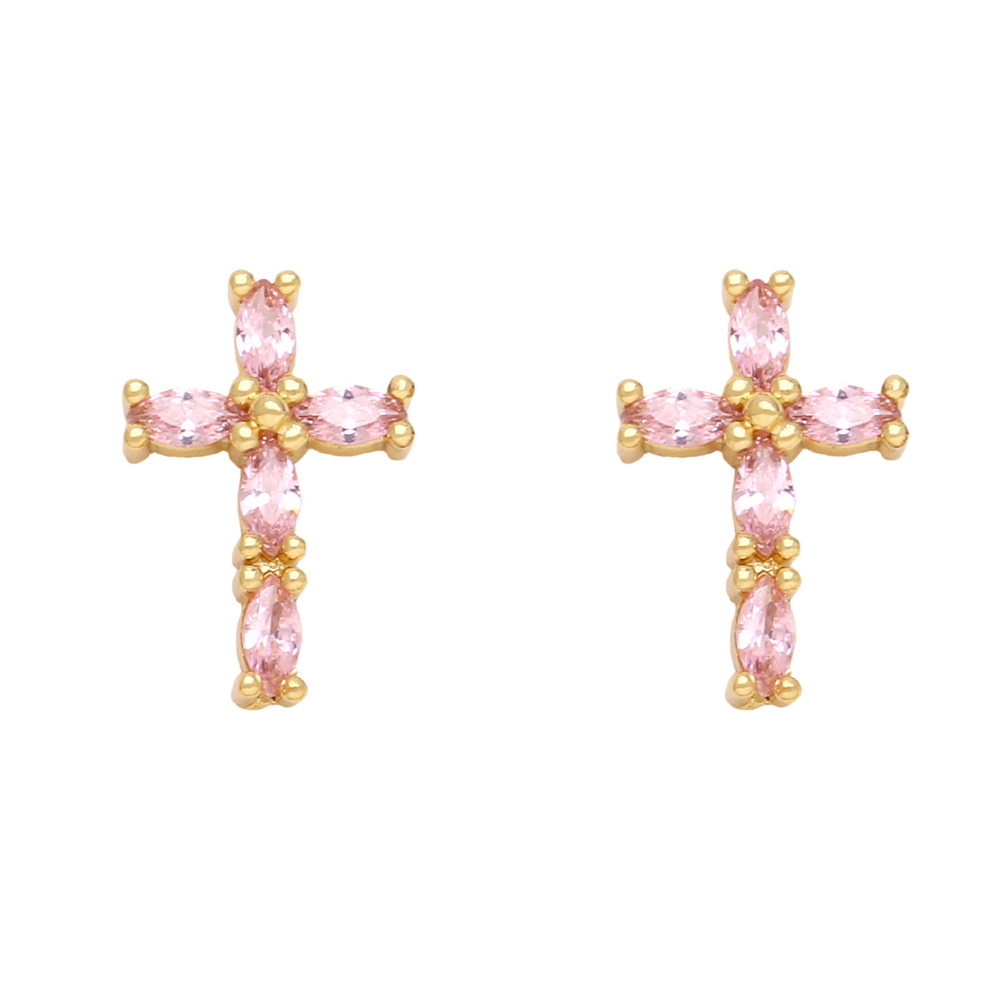 1 Pair Retro Simple Style Cross Copper Plating Inlay Zircon 18k Gold Plated Ear Studs display picture 3