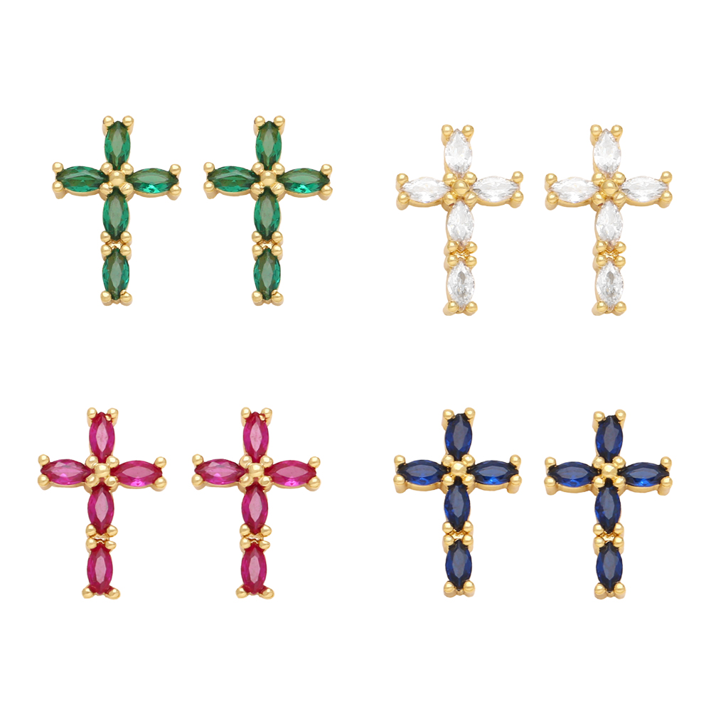 1 Pair Retro Simple Style Cross Copper Plating Inlay Zircon 18k Gold Plated Ear Studs display picture 2