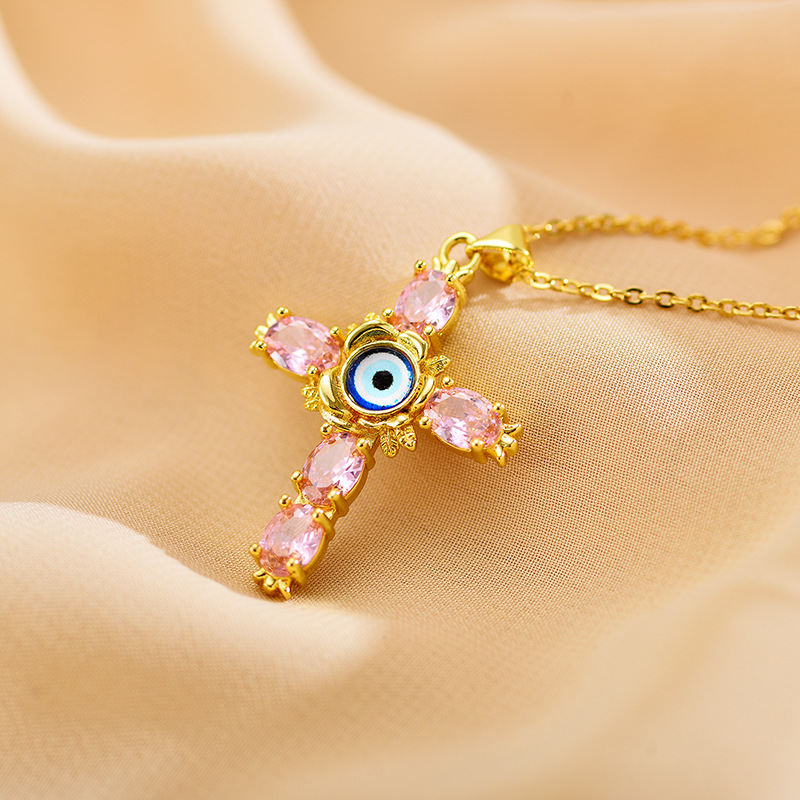 Ethnic Style Cross Eye Alloy Copper Inlay Zircon Gold Plated Necklace display picture 2